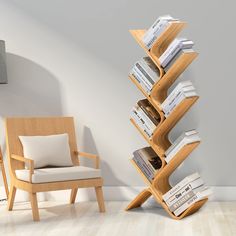 a wooden book shelf sitting next to a chair