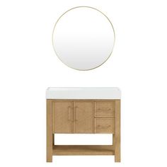 a bathroom vanity with a round mirror above it and a wooden cabinet underneath the sink