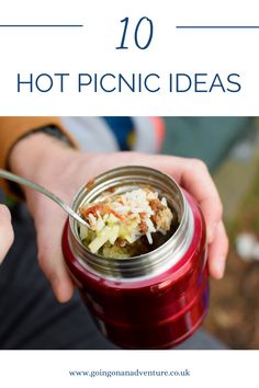 a person holding a jar with food in it and text overlay that reads 10 hot picnic ideas