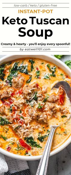 a bowl of keto tuscann soup with spinach and red peppers