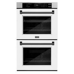 two white ovens side by side with the doors open and black trim on them