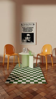 three chairs and a table in a room with a checkerboard pattern on the floor