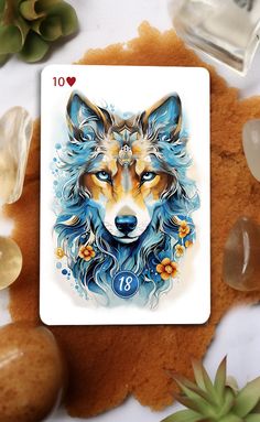 a playing card with an image of a wolf on it