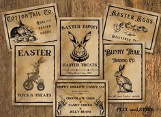 four old easter bunny labels on wood with an image of a rabbit riding a bike