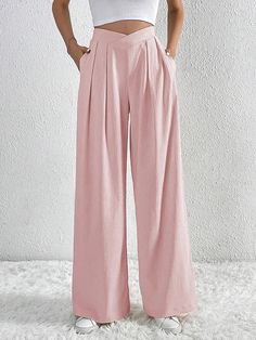 Wide Leg Pleated Solid Color Trousers with a Relaxed Fit High Waist Non-stretch Dress Pants, Non-stretch Wide Leg Dress Pants With Pockets, Non-stretch Wide Leg Pink Pants, Non-stretch High Waist Cotton Dress Pants, High Waist Baggy Solid Color Bottoms, Non-stretch Wide Leg Pink Bottoms, High Waist Baggy Bottoms In Solid Color, Relaxed Fit Solid Pink Bottoms, Pink Non-stretch Wide Leg Bottoms