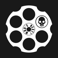 a black and white image of a wheel with skulls on it