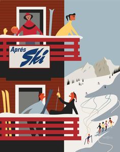 an advertisement for skis on the side of a building with skiers and snowboarders