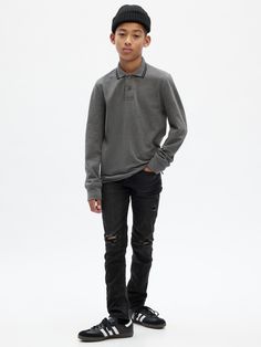 Stretch denim.  This jean is made with 5% recycled cotton.  Less waste in the world.  More great denim for you.  Black denim wash.  Button at center front Boy Outfits Aesthetic, Boys School Outfits, Faux Snap, Hipster Baby, Fashion Staples, Outfit Essentials, Hipster Babies, Casual Outfits For Teens