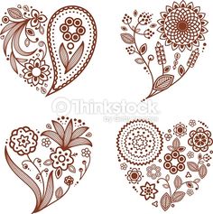 four hearts with flowers and leaves drawn in the shape of heart tattoos on white paper