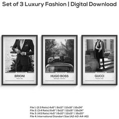 three black and white photographs with the words, set of 3 luxury fashion digital