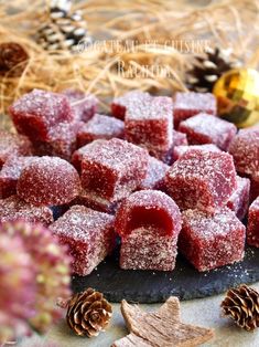 red velvet desserts with pine cones on the side