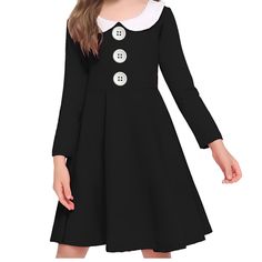 Adorable, Black Long Sleeve Dress With Peter Pan White Collar And Three Buttons With Pockets. Bottom Is Flared Out. This Could Be Worn For A Party, Church, Or As A “Wednesday Costume” At Halloween.! Black Doll Collar Dress For Winter, Black Doll Collar Winter Dress, Black Winter Dress With Doll Collar, White Long Sleeve School Dress, Black School Dresses For Fall, Cute Winter Dress For School, Black Fall Dresses For School, Black Dresses For School In Fall, Casual Black Doll Collar Dress