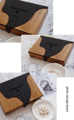 two pictures of the inside of a wooden box with black leather and wood inserts