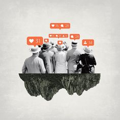 a group of people standing on top of a floating island with speech bubbles above them