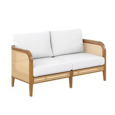 a wooden couch with white pillows on it's back and arm rests against a white background