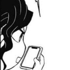 a drawing of a woman holding a cell phone and looking at the screen with an arrow above her head