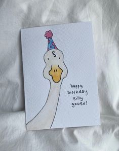 a card with a duck wearing a party hat on it's head and the words happy birthday billy goose