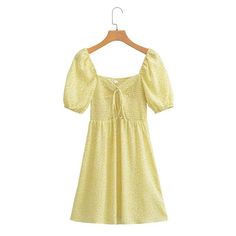 F00170373-104 Yellow Mini Dress For Casual Wear, Casual Puff Sleeve Dress With Square Neck For Summer, Casual Square Neck Puff Sleeve Summer Dress, Casual Fitted Mini Sundress, Casual Fitted Puff Sleeve Dress For Vacation, Casual Fitted Sundress For Brunch, Casual Square Neck Ruched Dress, Yellow Puff Sleeve Dress For Spring, Yellow Puff Sleeve Dress For Summer