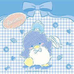 a blue and white background with a penguin wearing a knitted hat, scarf, and bow