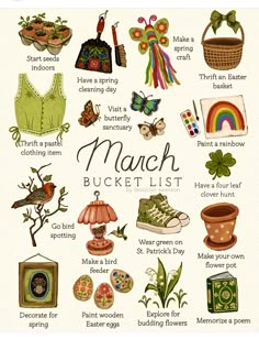 a poster with many different things to see in the picture and it says march bucket list