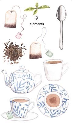 an illustration of tea and spices with the words elements in english on top of it