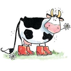 a black and white cow wearing red boots