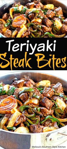 teriyaki steak bites with peppers and onions in a skillet