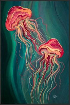 two jellyfishs floating in the water with green and red colors on it's body