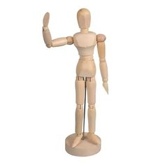 a wooden mannequin with one hand up