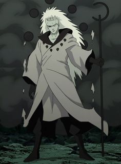 an anime character with white hair and black eyes holding a staff in front of dark clouds