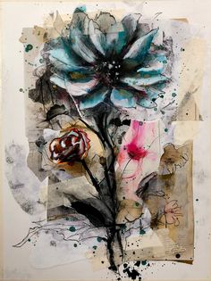 an abstract painting with flowers on it