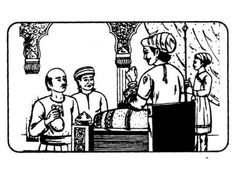 an old black and white drawing of three people in a kitchen talking to each other