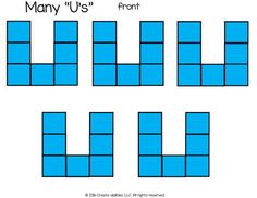 the letter u is made up of blue blocks and has three smaller letters on each side