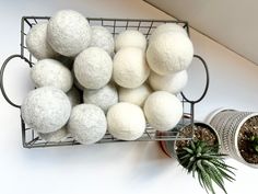 a wire basket filled with white balls next to a potted succulent plant