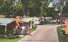 an old postcard shows people standing in front of their rvs at the park