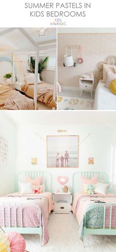 two beds in a bedroom with pink and green decor