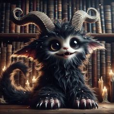 a small furry animal with horns on it's head sitting in front of bookshelves