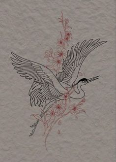 a drawing of a bird with flowers in it's beak and wings spread out