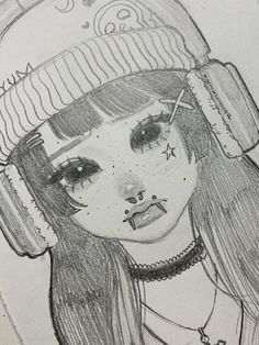 a drawing of a girl wearing headphones and a hat with stars on her forehead