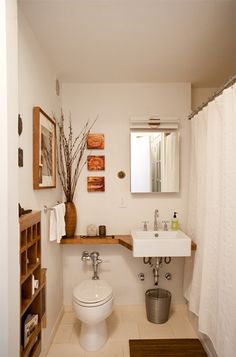 a white toilet sitting next to a sink in a bathroom under a mirror above a wooden shelf