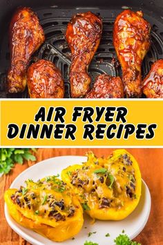 air fryer dinner recipes with chicken and peppers on the grill, in front of them