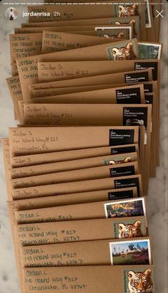 there are many mail envelopes with stamps on them that have pictures of animals in them