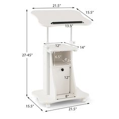 a white computer desk with measurements for the top and bottom shelf on it's side