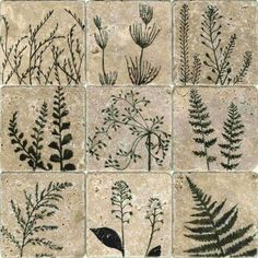 several different types of plants are shown in this tile wall art piece, which is made out of stone tiles