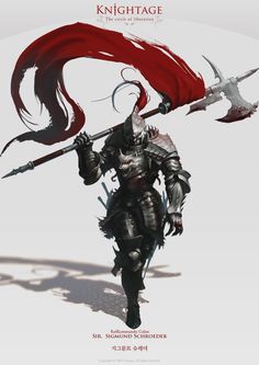 a knight with two swords and a red flag