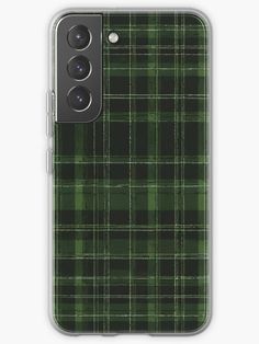 a green and black plaid pattern iphone case with two buttons on the front, and one button