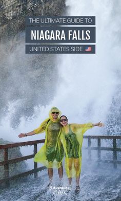 two women in yellow raincoats posing for the camera with niagara falls behind them