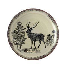 a white and black plate with an image of a deer