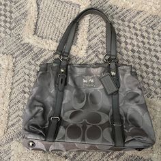 Good Condition Does Not Have Wear/Marks On The Outsidesee Photos Inside Looks Great Carried 1-2 Times 100% Coach Authentic Handbag Gray Double Handle Bag With Silver-tone Hardware, Gray Double Handle Bags With Silver-tone Hardware, Silver Travel Shoulder Bag, Silver Tote Shoulder Bag With Detachable Strap, Silver Bag With Detachable Strap For Shopping, Silver Shopping Bags With Detachable Strap, Everyday Silver Bags With Double Handle, Silver Shoulder Bag With Silver-tone Hardware For Shopping, Metallic Silver Bags With Silver-tone Hardware For Everyday