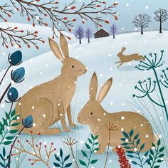 two rabbits in the snow surrounded by flowers and trees, one is looking at another rabbit